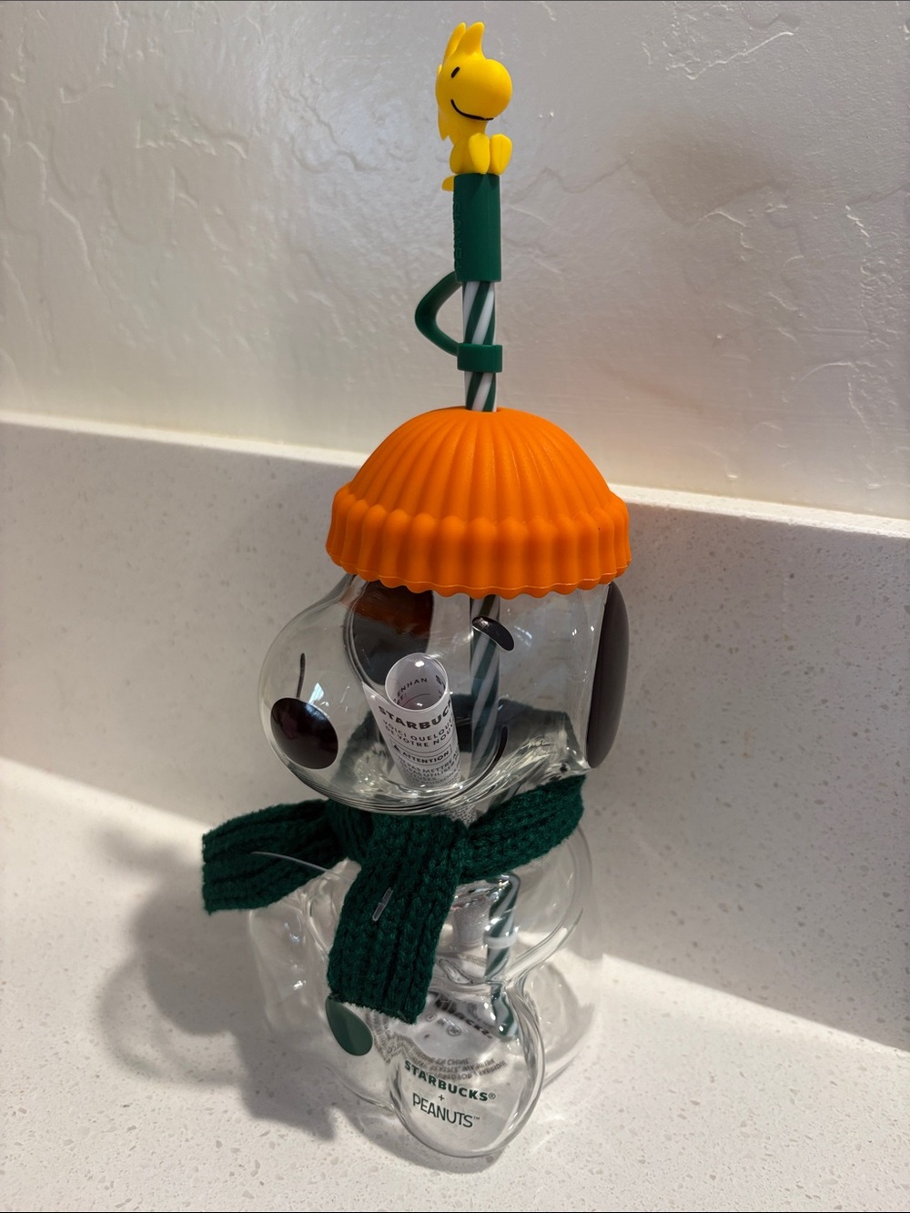 Starbucks Peanuts Snowman Bottle - Orange Hat & Green Scarf